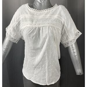 Camisa Top Women's Small Swiss Dot Lace Back Button Up Short Sleeve